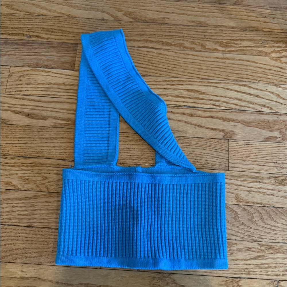 One shoulder teal Blue Ribbed Knit Crop Top size small
